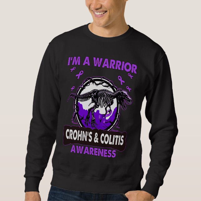 Dinosaur I'm A Warrior CROHN'S & COLITIS Awareness Lång Ärmad Tröja (Framsida)