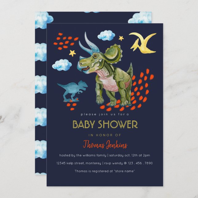 Dinosaur in watercolor Baby Shower invite. Inbjudningar (Fram/baksida)