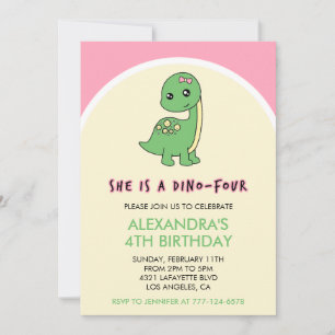 dinosaur inbjudan flicka 4-årsdag rosa söt
