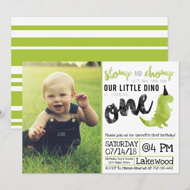 Dinosaur-inbjudan Stomp och Chomp första födelseda Inbjudningar (Fram/baksida)