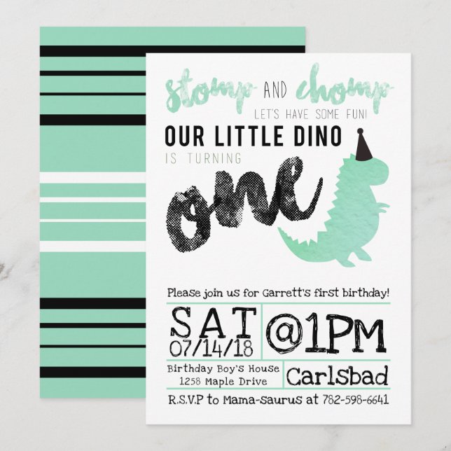 Dinosaur-inbjudan Stomp och Chomp första födelseda Inbjudningar (Fram/baksida)