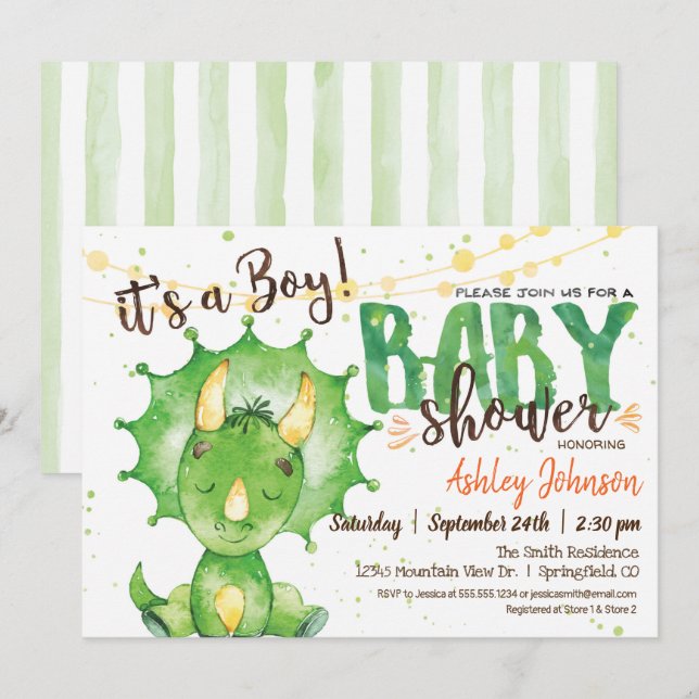 Dinosaur, inbjudan till Dino Baby Shower-Grönt (Fram/baksida)
