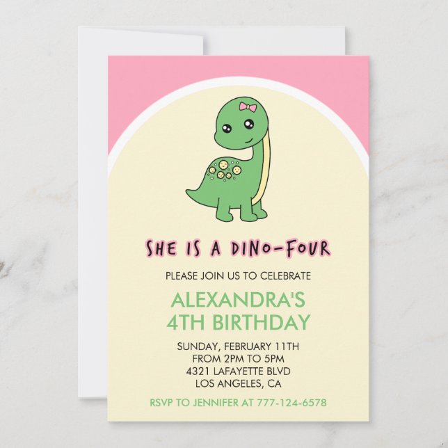dinosaur-inbjudningar flicka 4-årsdag rosa söt inbjudningar (Framsida)