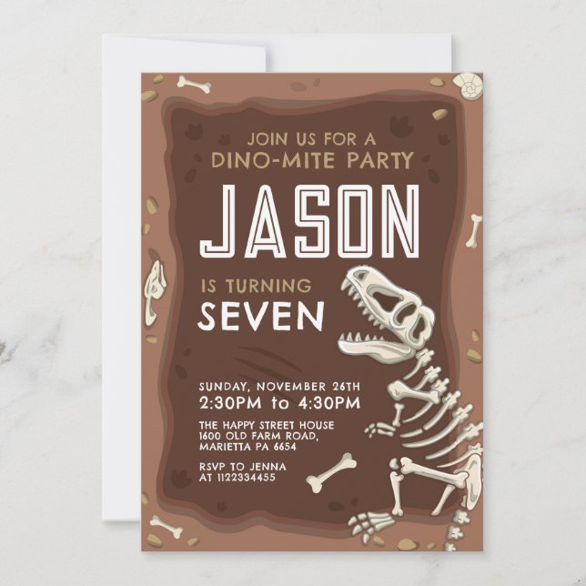 Dinosaur Invitation for Birthday Party Fossil Inbjudningar (Framsida)