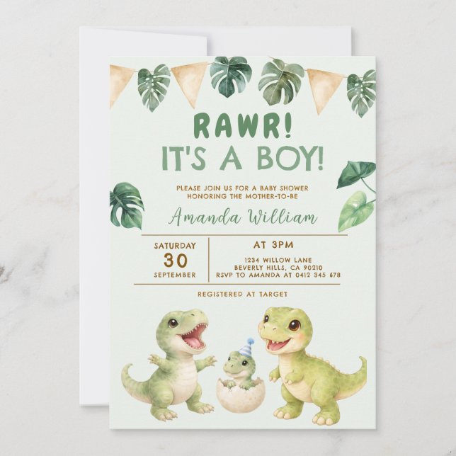 Dinosaur It's a Boy Dinosaur Baby Shower Inbjudningar (Framsida)