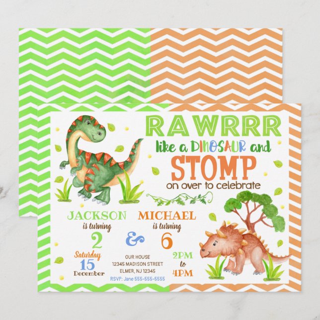 Dinosaur Joint Birthday Call for Syskon Inbjudningar (Fram/baksida)