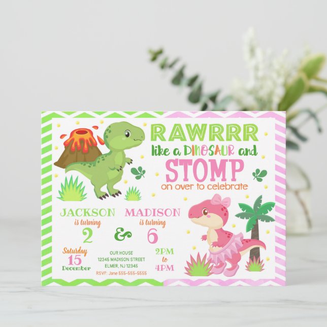 Dinosaur Joint Birthday Invitation for Boy & Girl Inbjudningar (Stående Fram)