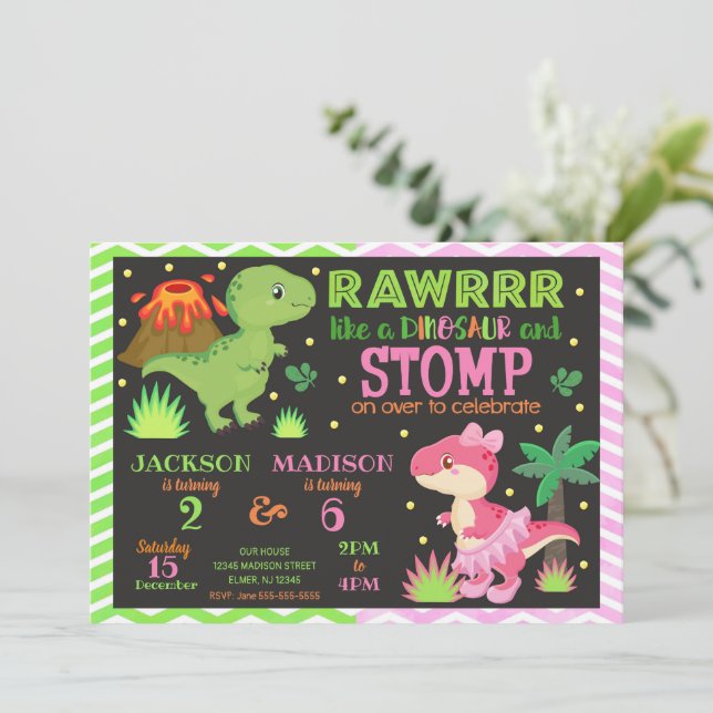 Dinosaur Joint Birthday Invitation for Boy & Girl Inbjudningar (Stående Fram)