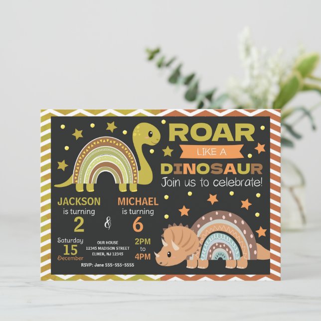 Dinosaur Joint Birthday Invitation for Siblings Inbjudningar (Stående Fram)