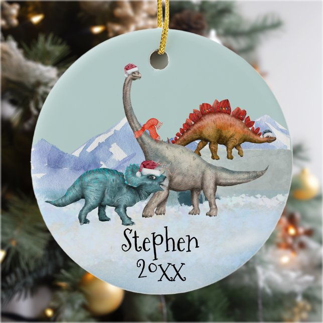 Dinosaur jul Jurassic Watercolor Namn Julgransprydnad Keramik (Skapare uppladdad)