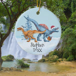 Dinosaur jul Raptor Watercolor Namn Julgransprydnad Keramik<br><div class="desc">Den här designen kan vara personlig i det område som tillhandahålls genom att ändra fotot och/eller text. Du kan också anpassa den genom att klicka på Anpassa den här mallen och sedan välja klicka för att anpassa ytterligare alternativ och ta bort eller ändra färg i bakgrunden, lägga till text, ändra...</div>