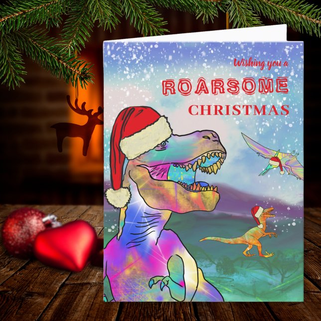 Dinosaur jul T-Rex Santa Helgkort (Christmas Dinosaurs wearing Santa hats holiday greetings card)