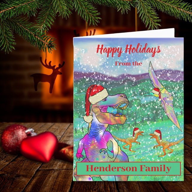 Dinosaur jul T Rex Santa Personlig Helgkort (Christmas dinosaur wearing Santa hat custom holiday greetings card T-Rex velociraptor pterodactyl )