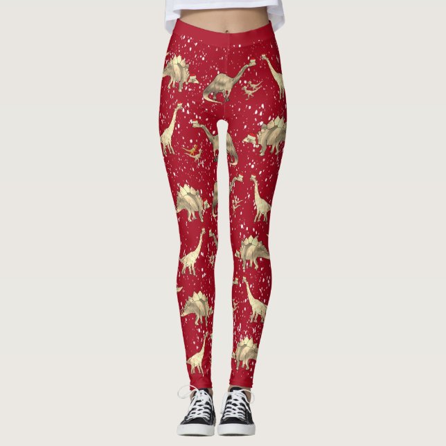 Dinosaur Jul Tomte Röd Jul Leggings (Framsida)