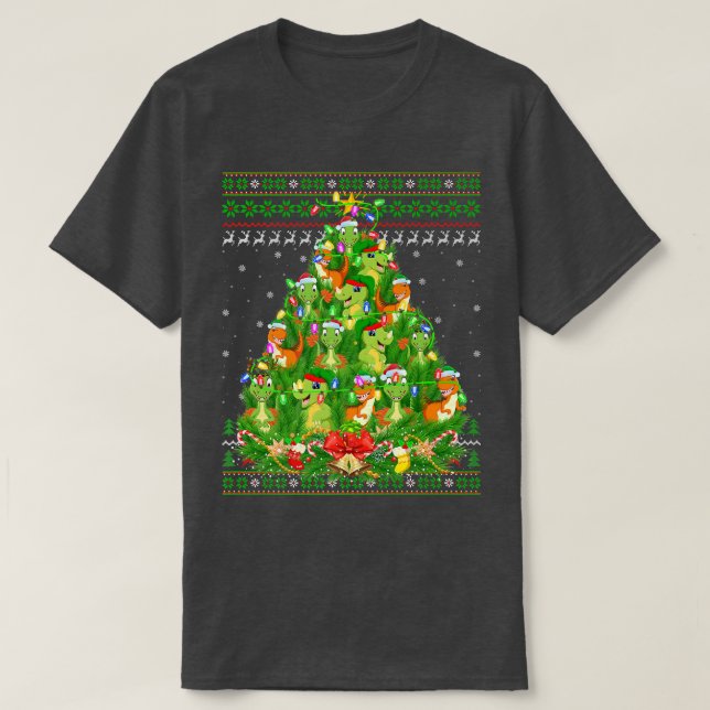 Dinosaur Julafton Lighting Träd Santa Dinosaur Ugl T Shirt (Design framsida)