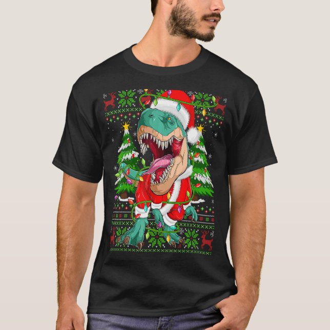Dinosaur Julafton Ljus Ugly Santa Dinosaur Christm T Shirt (Framsida)