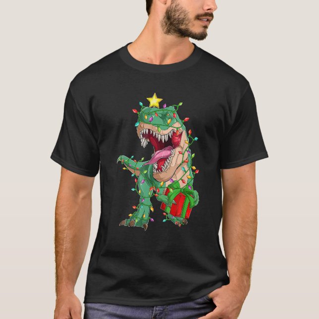 Dinosaur Julafton Träd Ljus Träd Rex jul Pajam T Shirt (Framsida)