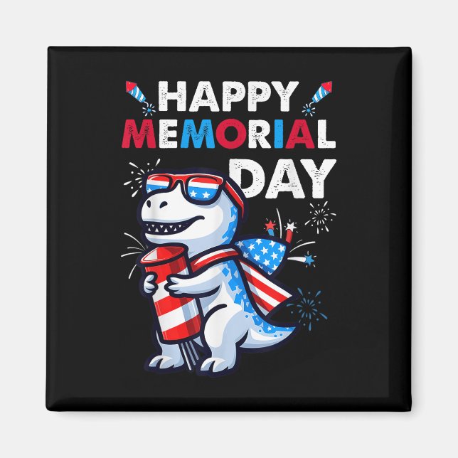 Dinosaur juli 4:e Fireworks American Flagga Lyckli Magnet (Framsidan)