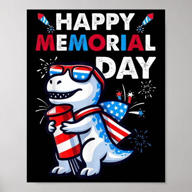 Dinosaur juli 4:e Fireworks American Flagga Lyckli Poster (Framsidan)