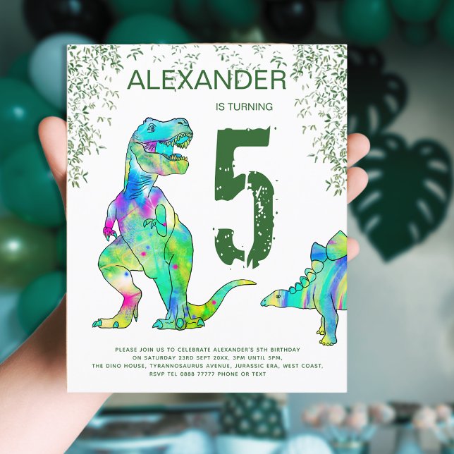 Dinosaur-jungel 5-års födelsedagsfest budget (Dinosaur birthday party budget invitation with colorful T-Rex and stegosaurus jungle foliage)