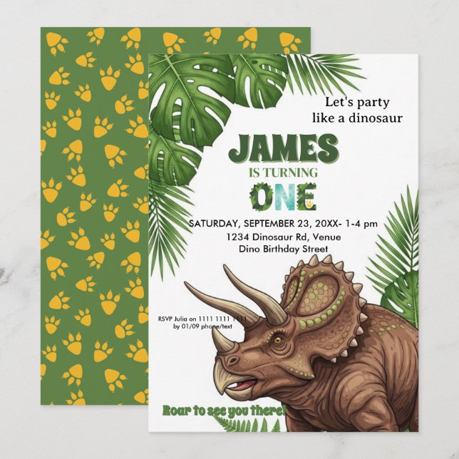 Dinosaur Jungle 1st Birthday Invitation  Inbjudningar (Fram/baksida)