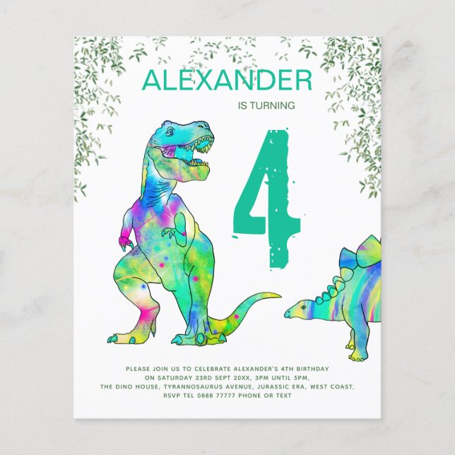 Dinosaur Jungle 4-års födelsedagsfest budget Flygblad (Framsidan)