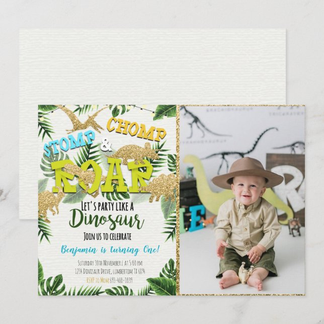 Dinosaur Jurassic Birthday bjudande med foto Inbjudningar (Fram/baksida)