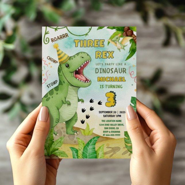 Dinosaur Jurassic trerex 3:e födelsedagen Party Inbjudningar (Dinosaur Three Rex 3rd Birthday Party Invitation)