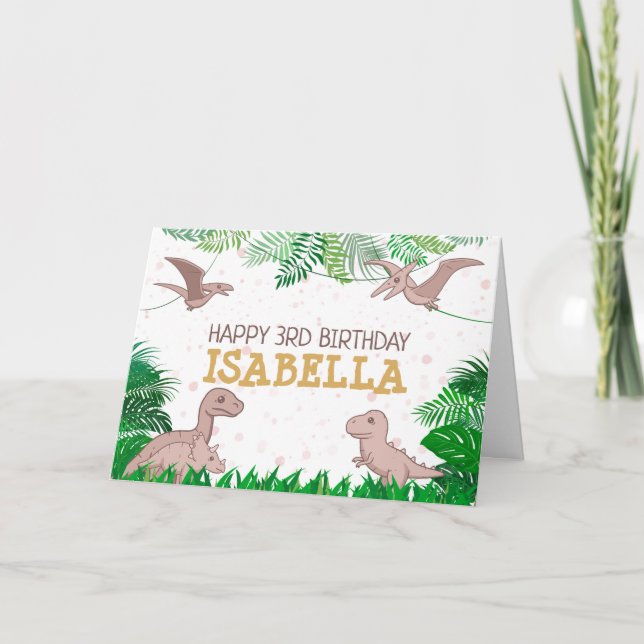 Dinosaur Kid Dino Jurassic Trex Rosa Girl Birthday Kort (Framsida)