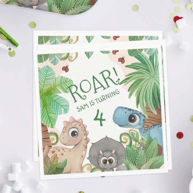 Dinosaur Kids 4e födelsedagen Pappersservett (Dinosaur 4th Birthday Party Napkins)