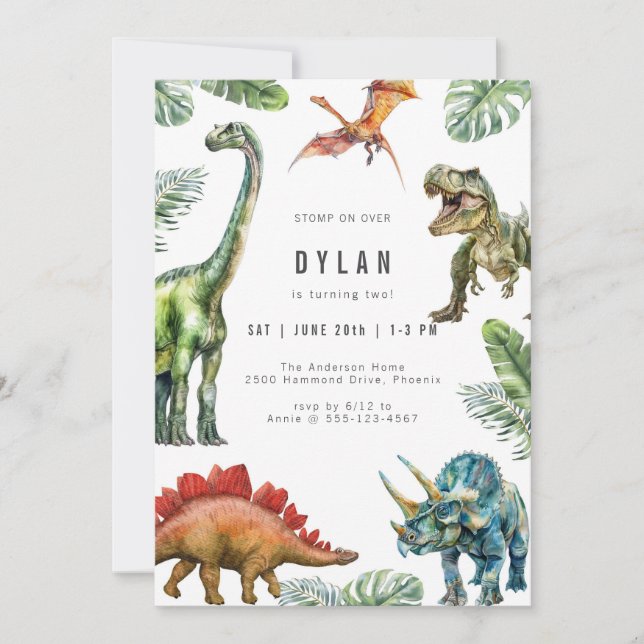 Dinosaur Kids Watercolor Birthday Invitation Inbjudningar (Framsida)