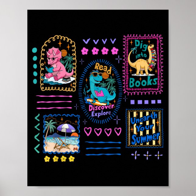 Dinosaur läs klubb sommar bok älskare bibliotek poster (Framsidan)