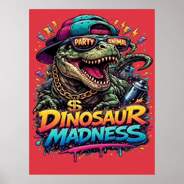 Dinosaur Madness — Festdjur T‑Rex-grafik Poster (Framsidan)