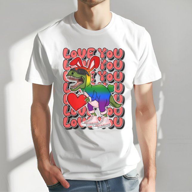 Dinosaur med С ostume i Rainbow Flagga Färg T Shirt (Skapare uppladdad)
