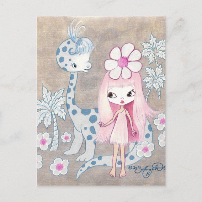 Dinosaur med Cavegirl Vykort (Framsida)