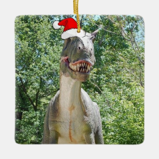 Dinosaur med Jultomten Hat till jul Julgransprydnad Keramik (Framsida)
