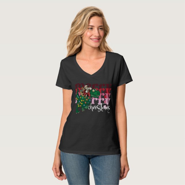 Dinosaur med Jultomten jul T Shirt (Hel framsida)