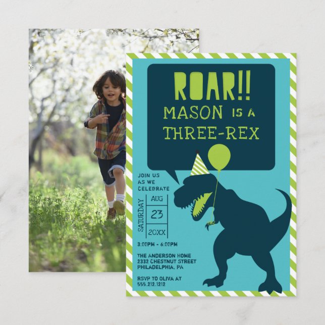 Dinosaur Modern Rex Birthday Inbjudan (Fram/baksida)