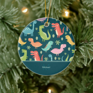 Dinosaur Mönster Blue Kid Monogram Boy Jul Julgransprydnad Keramik