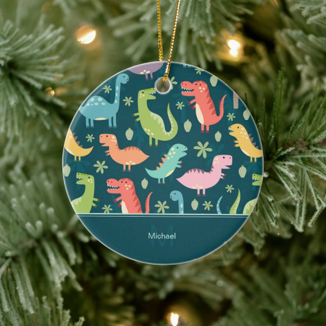 Dinosaur Mönster Blue Kid Monogram Boy Jul Julgransprydnad Keramik (Träd)