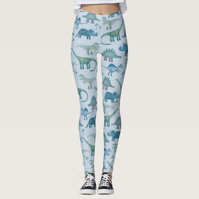 Dinosaur Mönster Blue Leggings (Framsida)