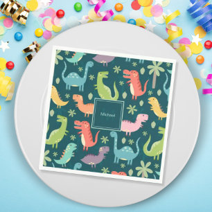 Dinosaur Mönster Blue Monogrammed Kid Boy Party Pappersservett