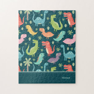 Dinosaur Mönster Blue Monogrammed Kid Boy Pussel