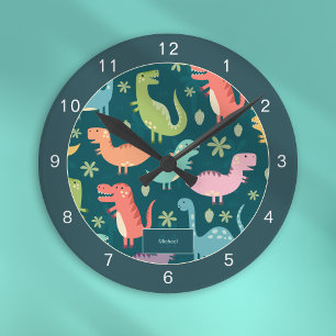Dinosaur Mönster Blue Monogrammed Kid Boy Rund Klocka