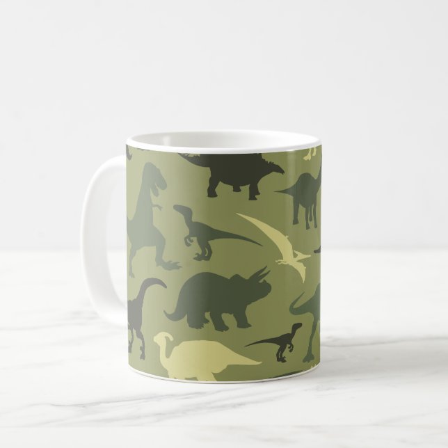 Dinosaur Mönster, Dinosaur Silhouette, Grönt Dino Kaffemugg (Framsida vänster)