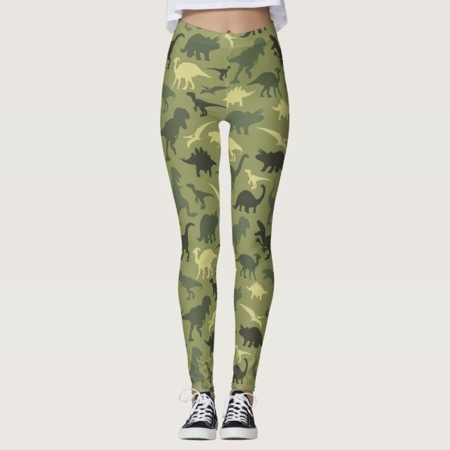 Dinosaur Mönster, Dinosaur Silhouette, Grönt Dino Leggings (Framsida)