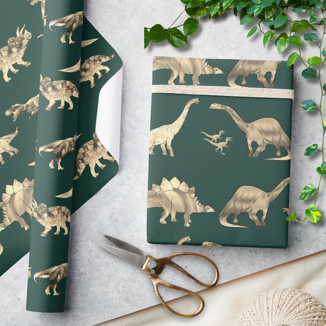 Dinosaur Mönster Grönt Presentpapper (Dinosaur pattern green wrapping paper for dino lovers includes T-Rex velociraptor stegosaurus )