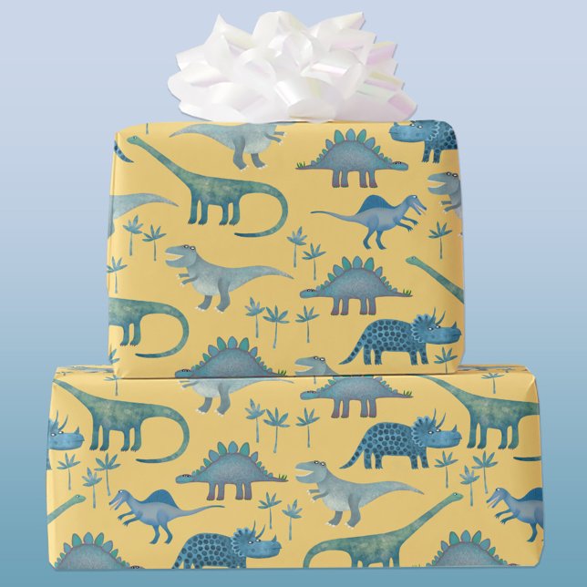 Dinosaur Mönster Gult Presentpapper (Cute and fun dinosaur pattern gift wrapping paper roll)