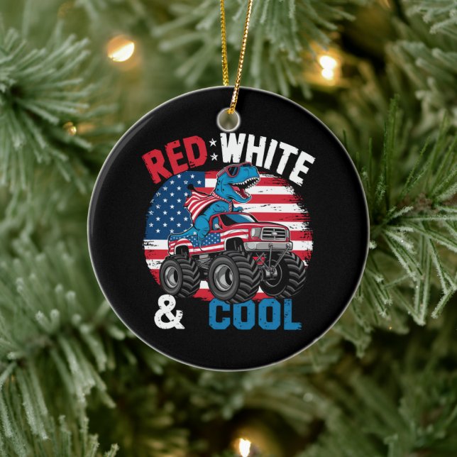 Dinosaur Monster Lastbil Dino 4:e juli Flagga Boys Julgransprydnad Keramik (Träd)