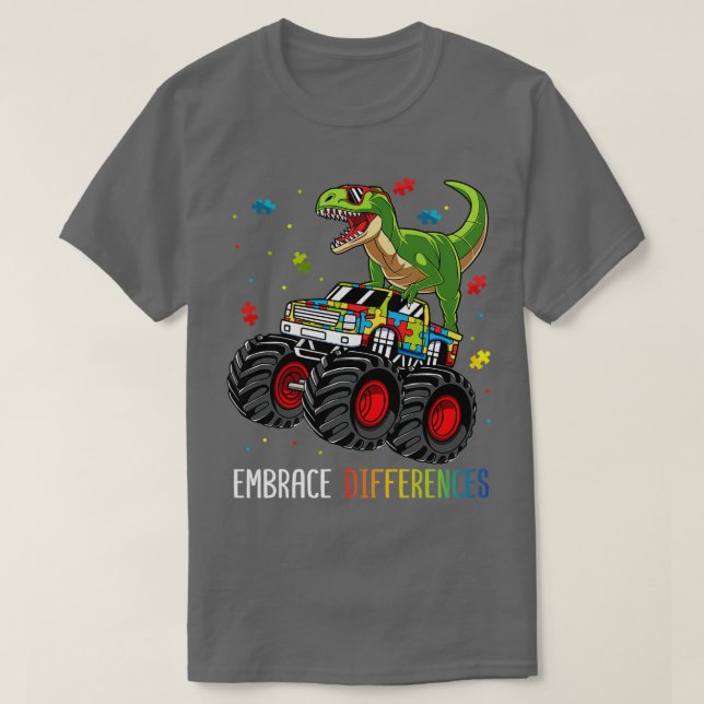 Dinosaur Monster Lastbil embrace Differences Autis T Shirt (Design framsida)